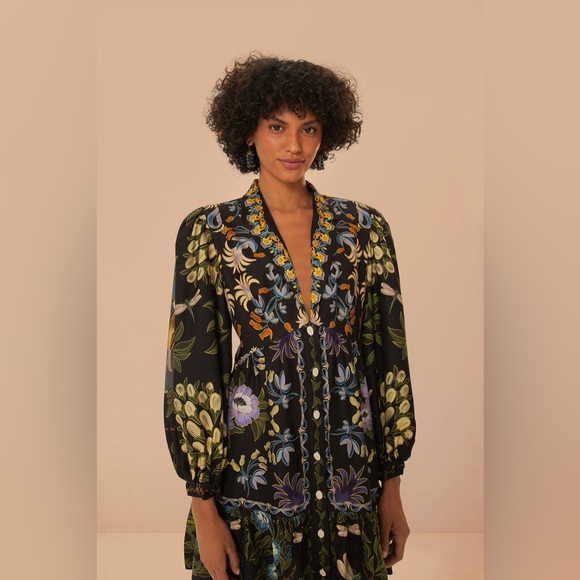 FARM RIO Black Winter Garden Mini Dress Long Sleeves Size Medium $248